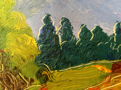 Vibrant green yellow impressionist mountain landscape oil painting by Lednev Dmytro Yakovych