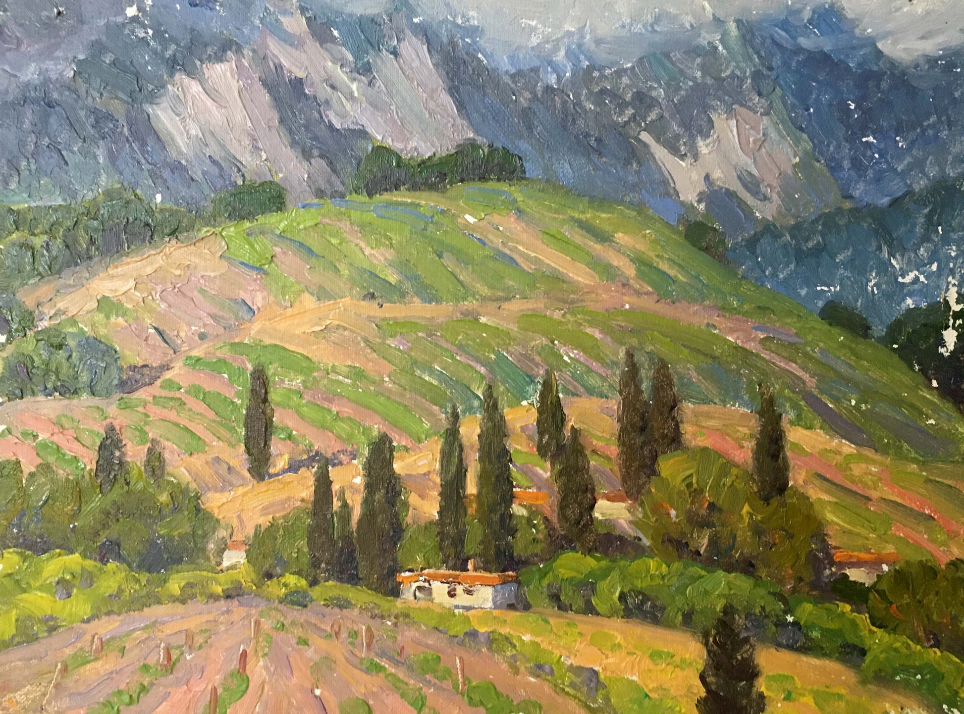 Oil painting by Zlyden Yuri Fedorovich: sunlit hillside vineyards, cypresses, mountains