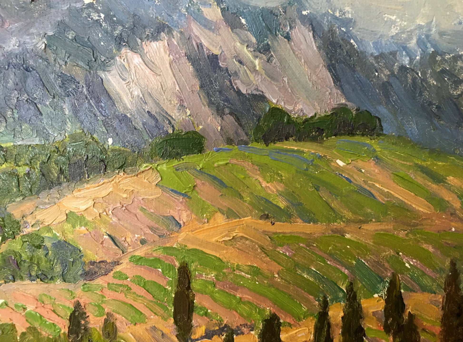Oil painting by Zlyden Yuri Fedorovich: mountainous landscape with hills and cypresses