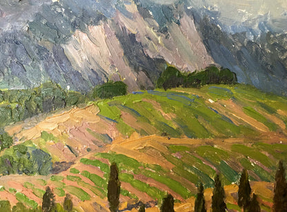 Oil painting by Zlyden Yuri Fedorovich: mountainous landscape with hills and cypresses