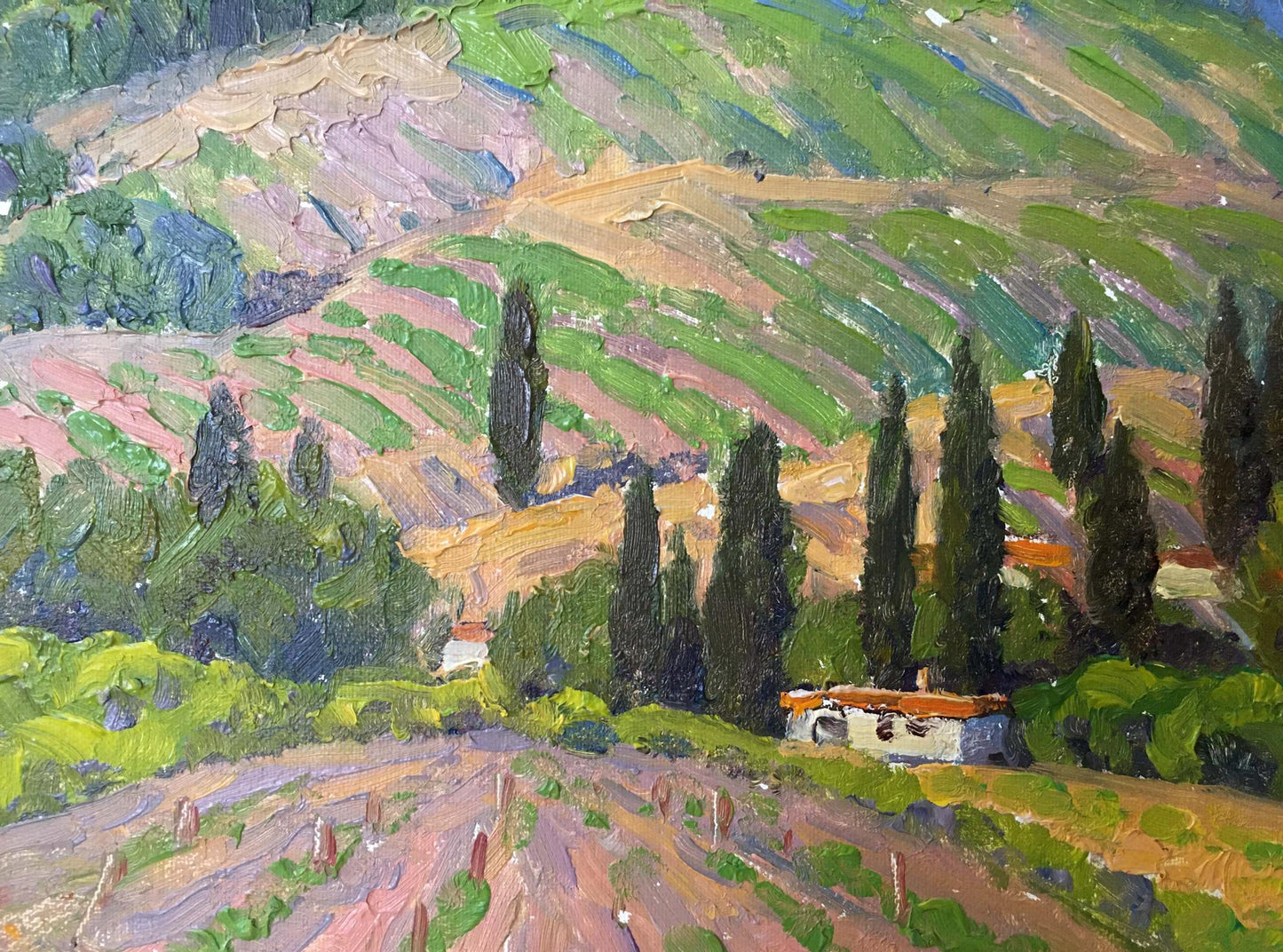 Vibrant impressionist oil painting by Zlyden Yuri Fedorovich of sunlit hills and cypress trees