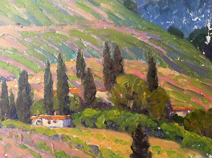 Vibrant impressionist oil painting by Zlyden Yuri Fedorovich of sun-drenched hillside with cypress trees