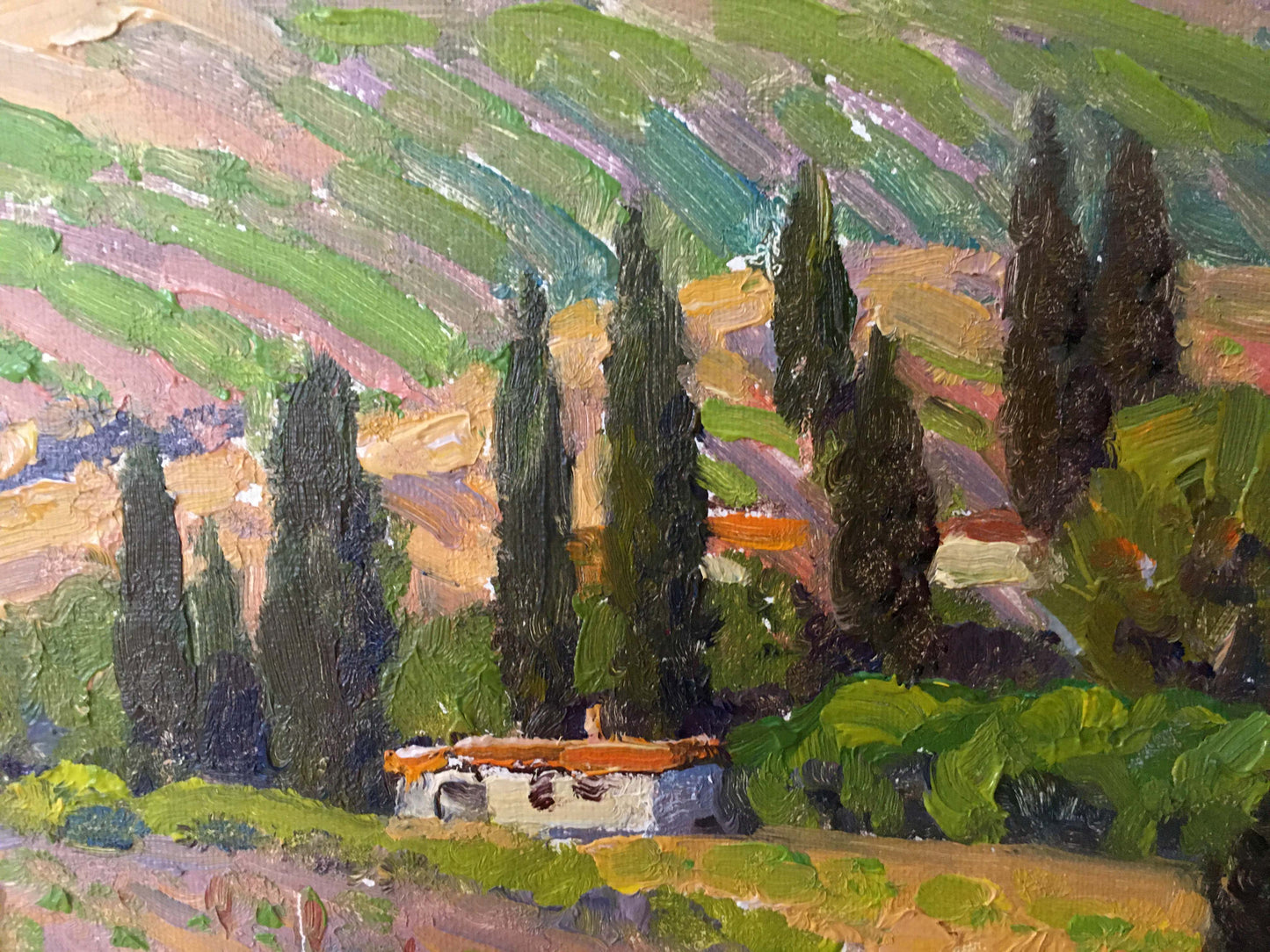 Vibrant impressionist oil painting by Zlyden Yuri Fedorovich of cypress trees and hills