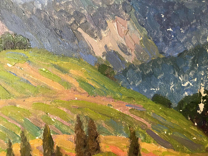 Vibrant oil painting by Zlyden Yuri Fedorovich: sunlit hillside with cypress trees