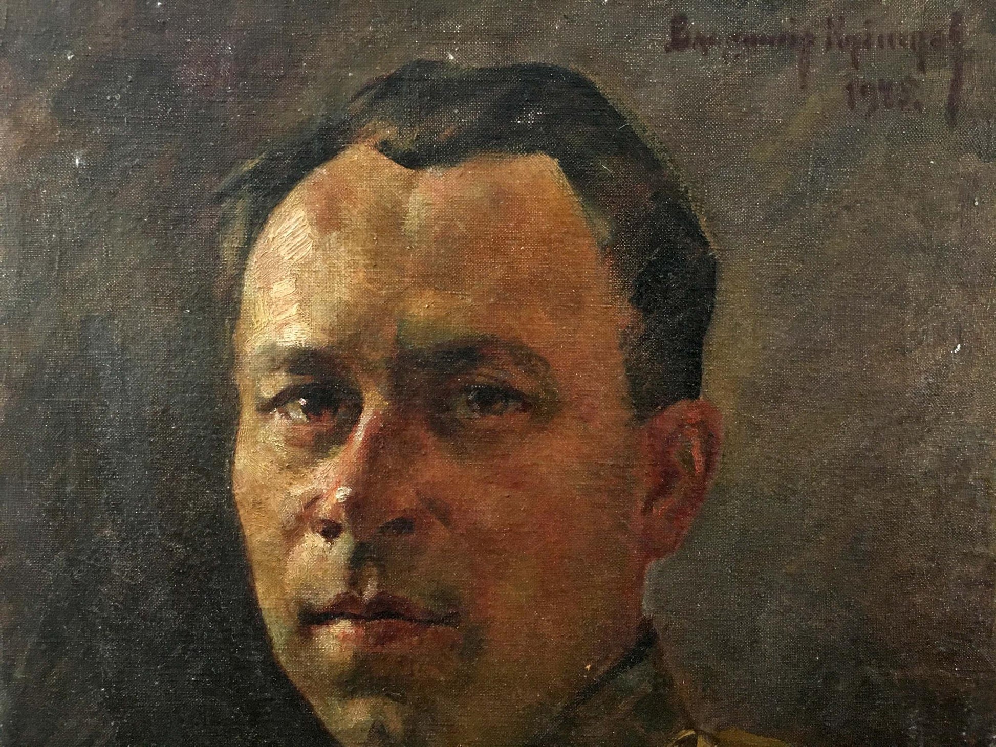 Somber oil portrait of soldier Vladimir Aleksandrovich Kuznetsov