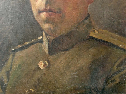 Oil painting portrait of soldier Vladimir Aleksandrovich Kuznetsov in olive green uniform with gold epaulets