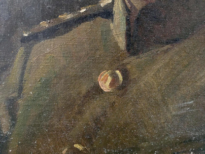 Oil painting portrait button of soldier Vladimir Aleksandrovich Kuznetsov on olive-green fabric