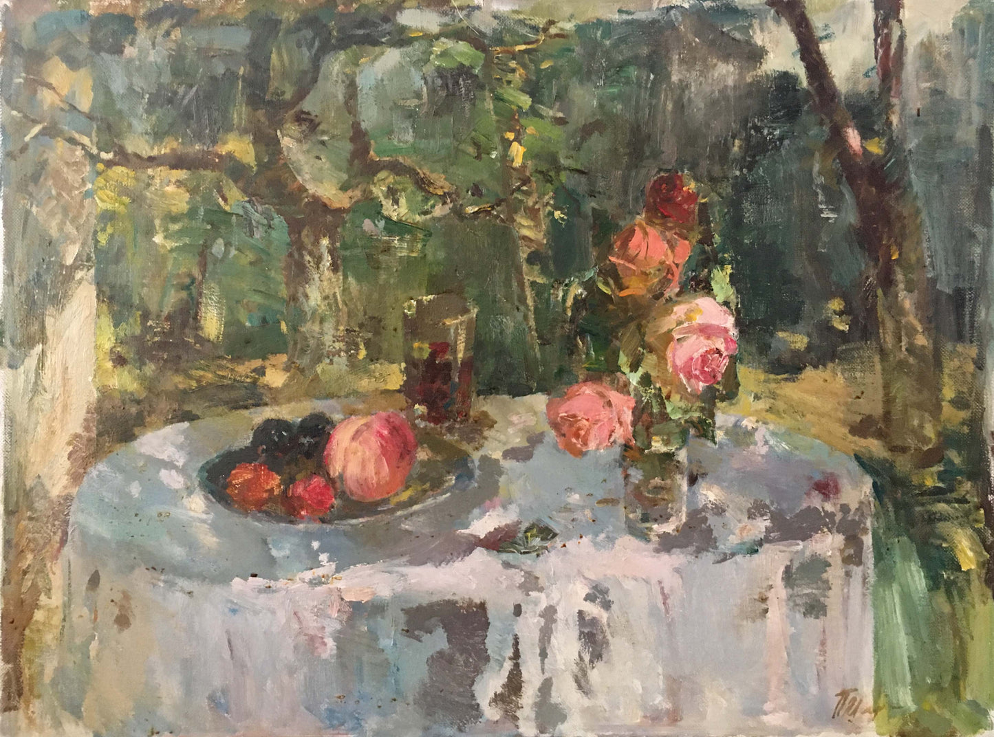 Oil painting by Marmanov Petr Stepanovich: still life with fruit bowl and pink roses