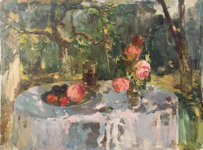 Oil painting by Marmanov Petr Stepanovich: still life with fruit bowl and pink roses