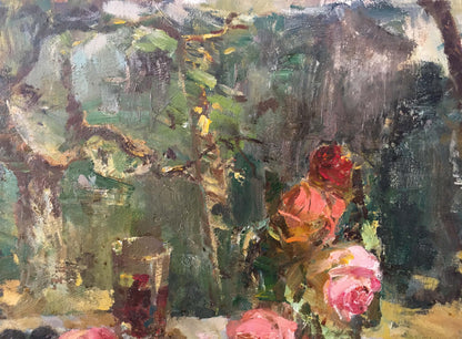Vibrant oil painting of pink red roses by Marmanov Petr Stepanovich