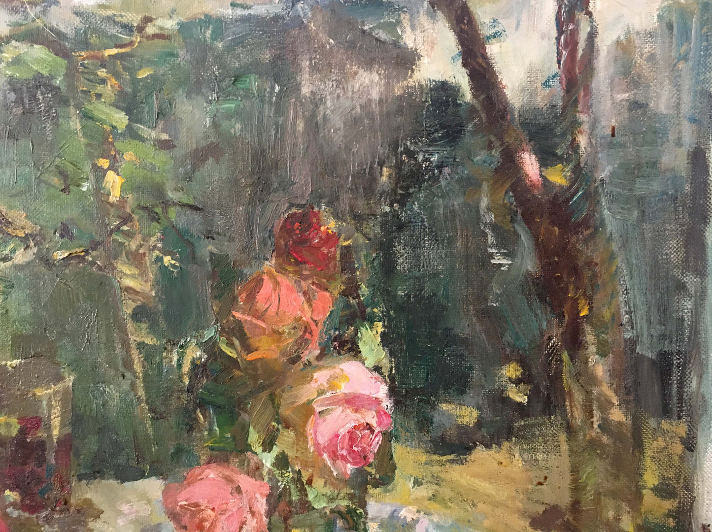Vibrant impressionist oil painting of pink red roses by Marmanov Petr Stepanovich
