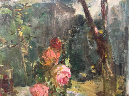 Vibrant impressionist oil painting of pink red roses by Marmanov Petr Stepanovich