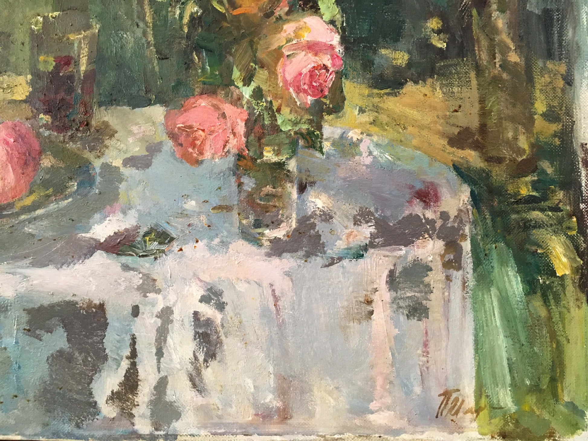 Impressionistic oil painting of pink rose arrangement in glass vase by Marmanov Petr Stepanovich