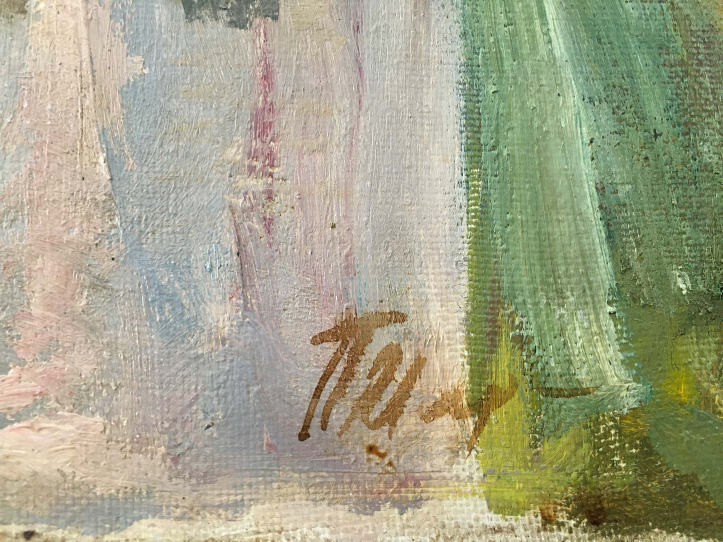 Back of oil painting In the Country by Marmanov Petr Stepanovich with brown signature on textured canvas