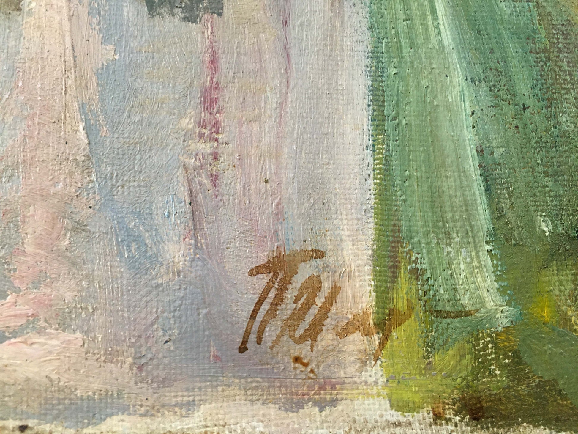 Back of oil painting In the Country by Marmanov Petr Stepanovich with brown signature on textured canvas