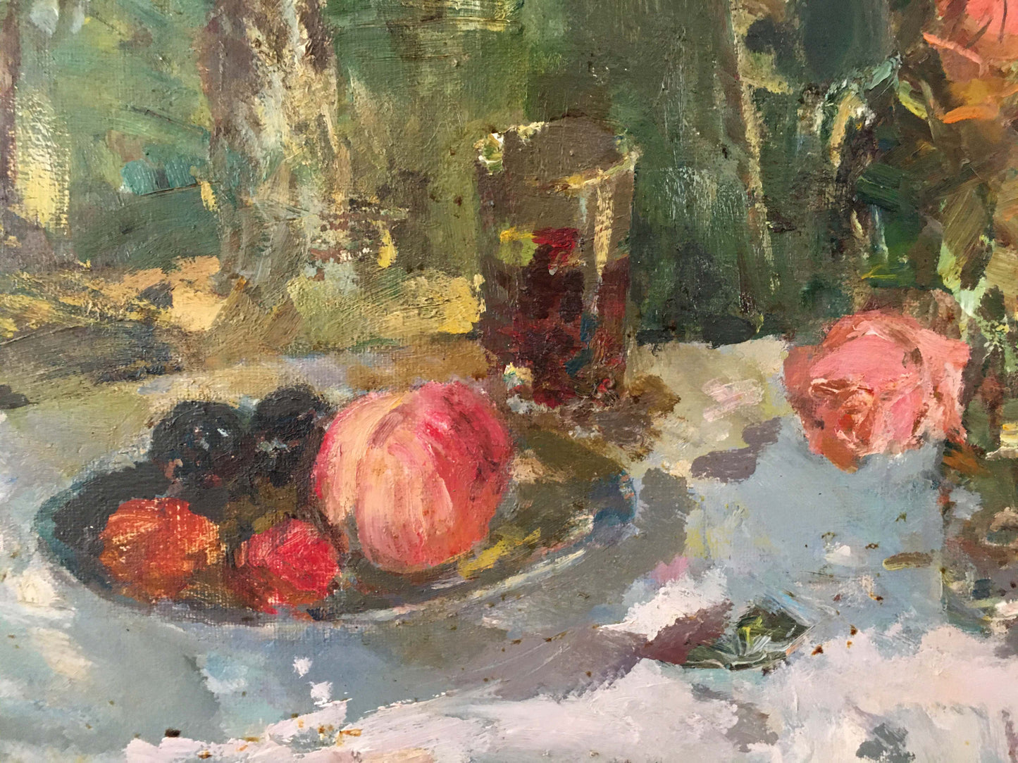 Vibrant impressionistic oil painting by Marmanov Petr Stepanovich: still life with red black fruits, rose, dark liquid glass