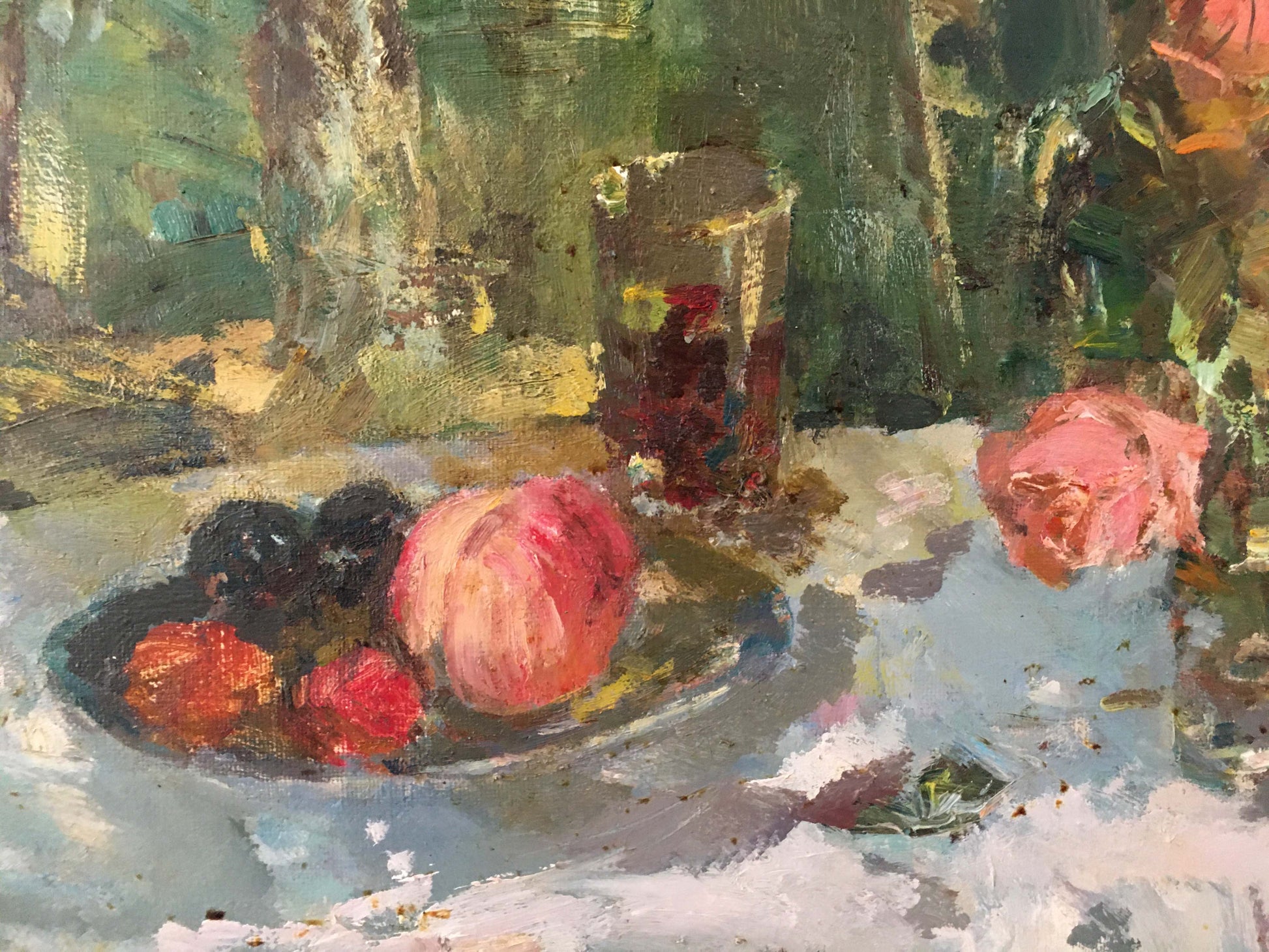 Vibrant impressionistic oil painting by Marmanov Petr Stepanovich: still life with red black fruits, rose, dark liquid glass