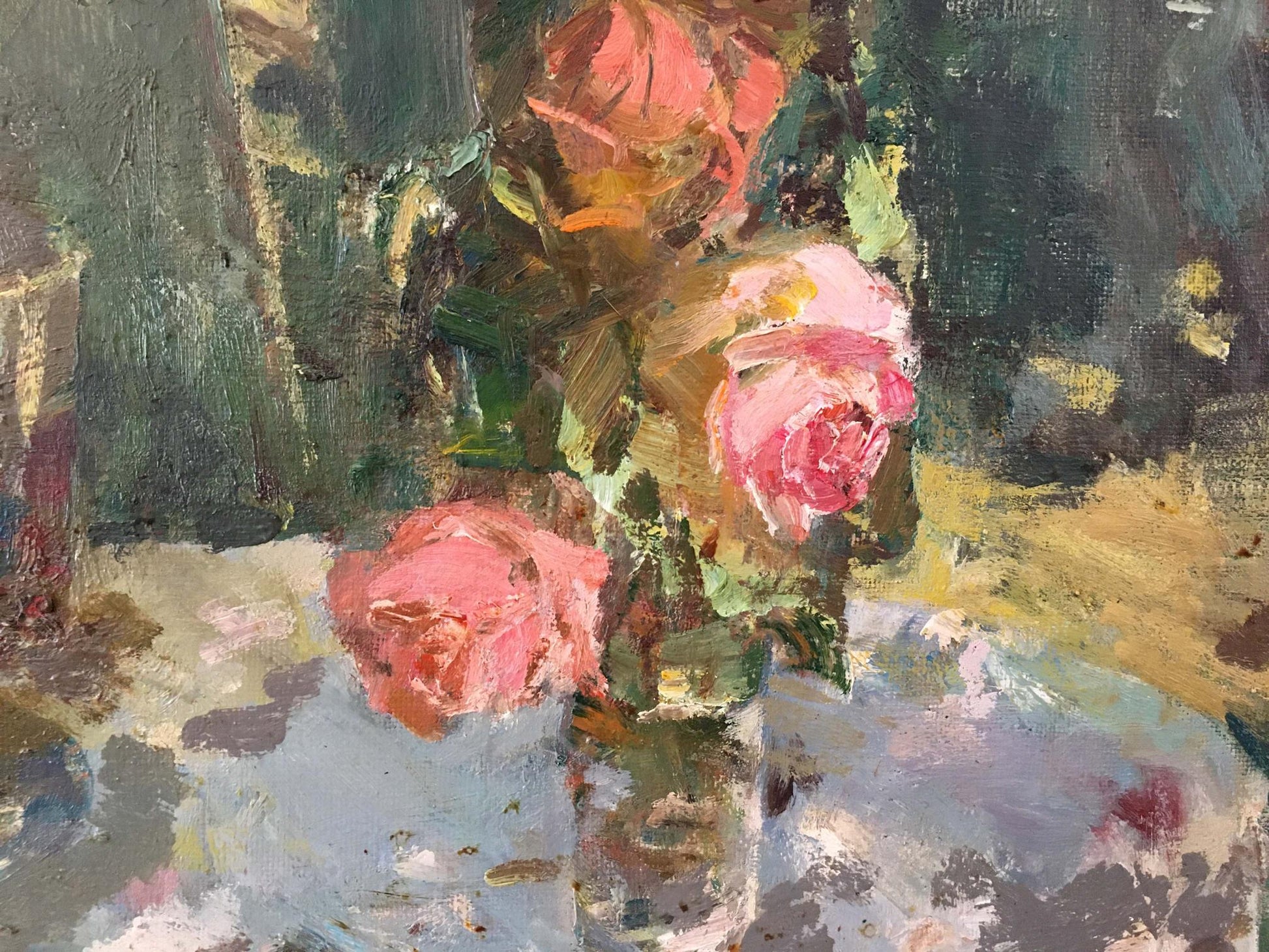 Vibrant impressionist oil painting of three pink roses by Marmanov Petr Stepanovich