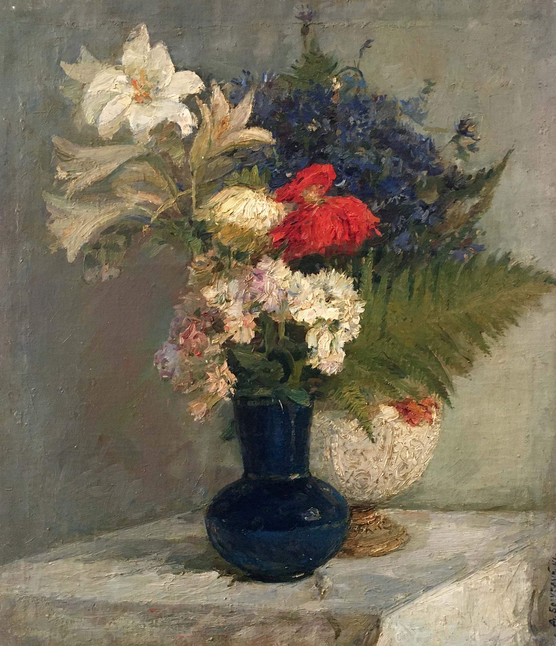 Oil painting of deep blue vase with white lilies, red poppies by Bezugly Daniil Ivanovich