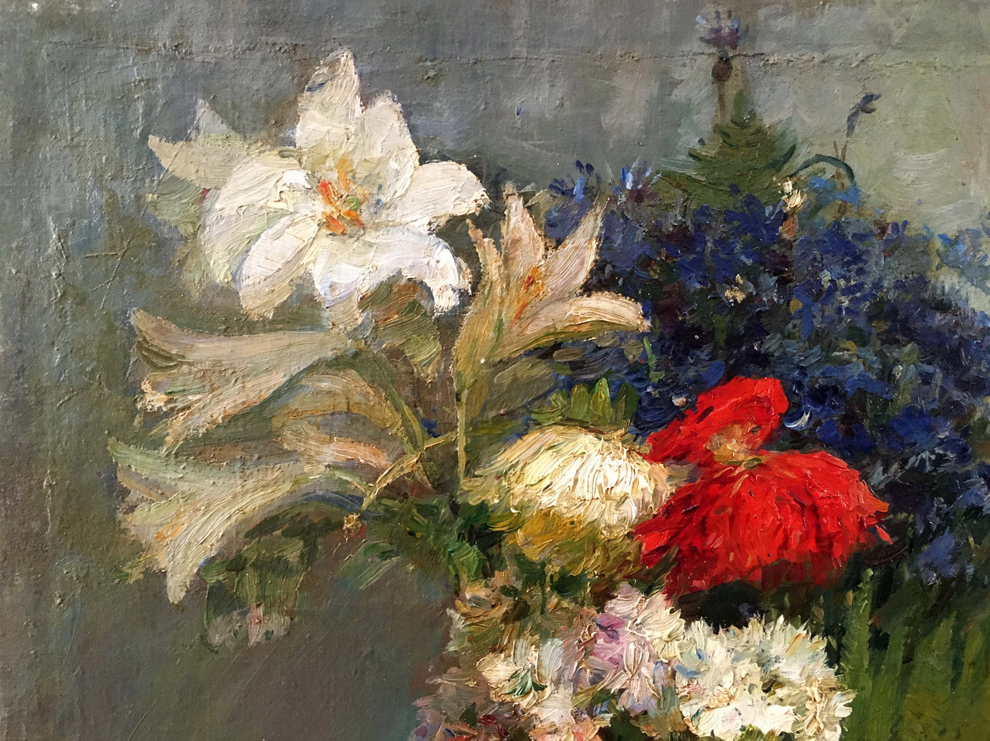 Vibrant oil painting by Bezugly Daniil Ivanovich: lilies, poppies, blue flowers