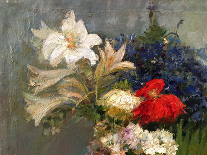 Vibrant oil painting by Bezugly Daniil Ivanovich: lilies, poppies, blue flowers