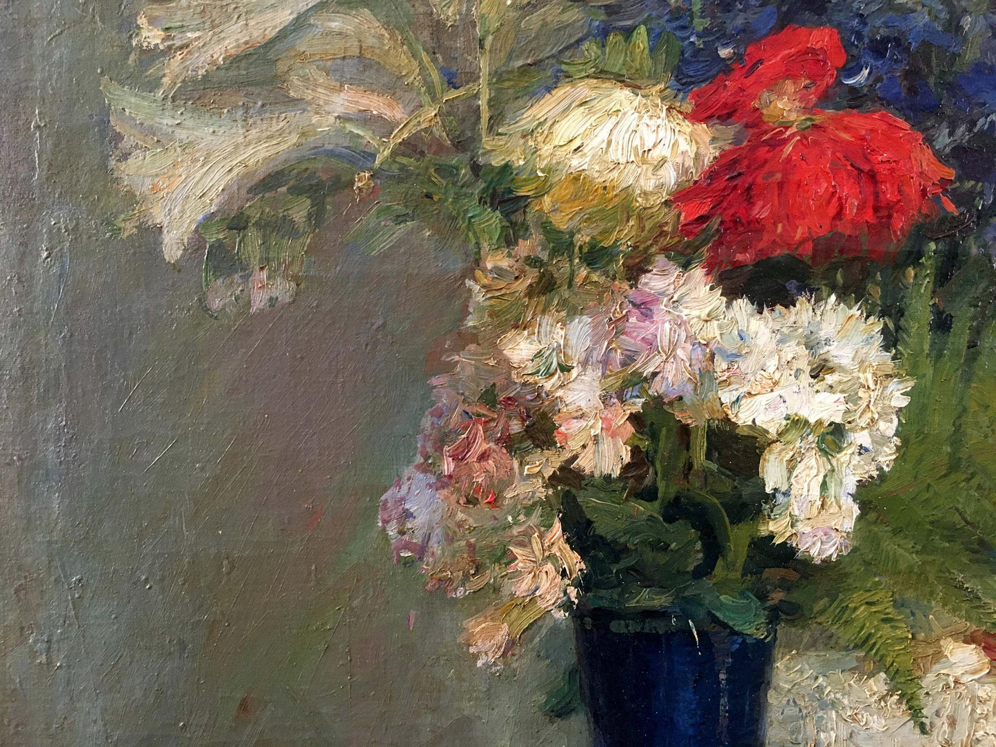 Oil painting of vibrant red white pink flowers in blue vase by Bezugly Daniil Ivanovich