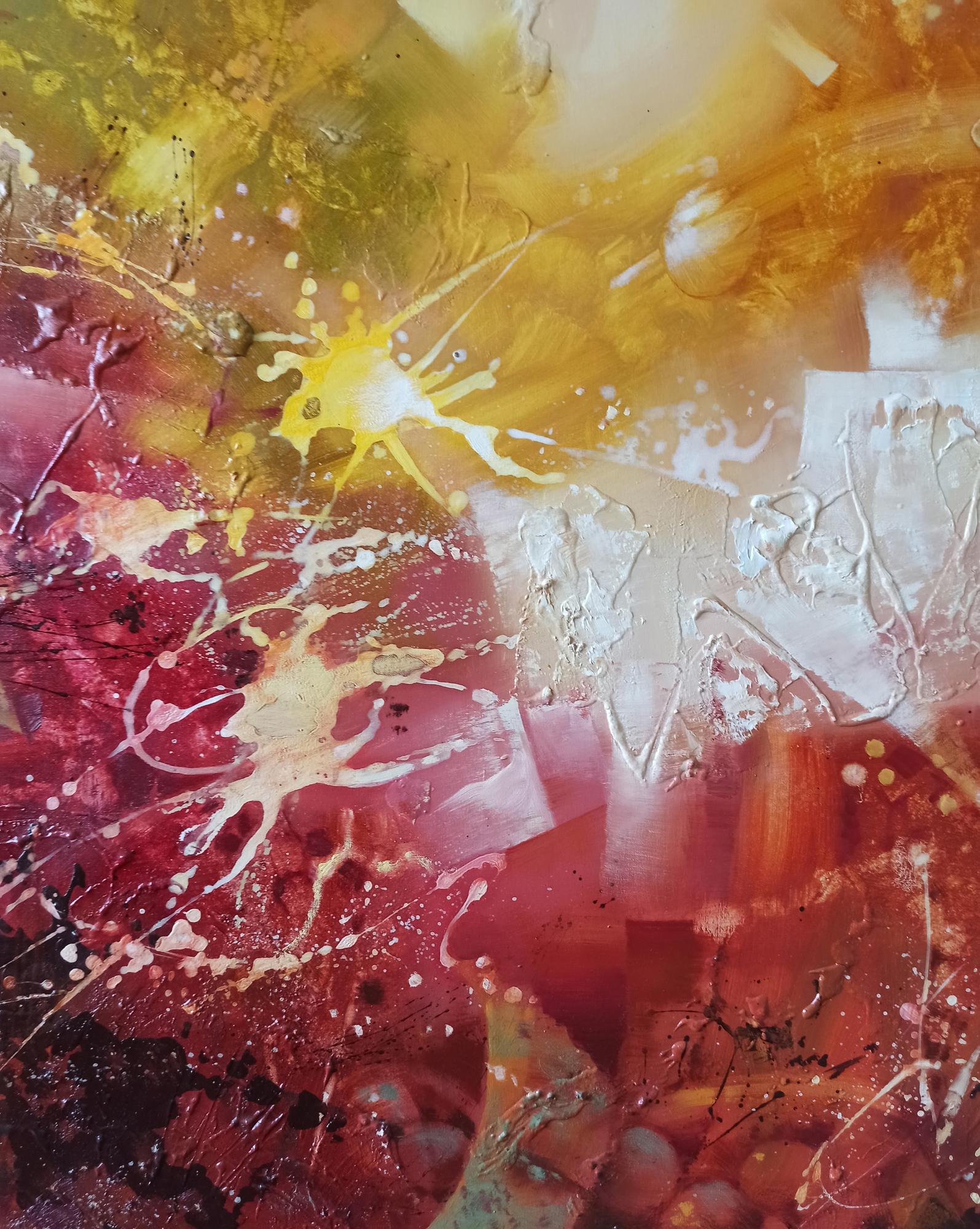 Abstract oil painting Awakening by Anatoly Tarabanov with bold yellow red white splashes