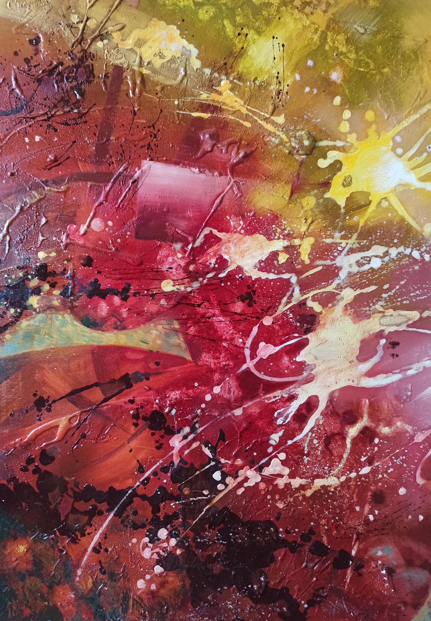 Vibrant abstract oil painting Awakening by Anatoly Tarabanov with bold reds, yellows, blacks, splatters, textured strokes