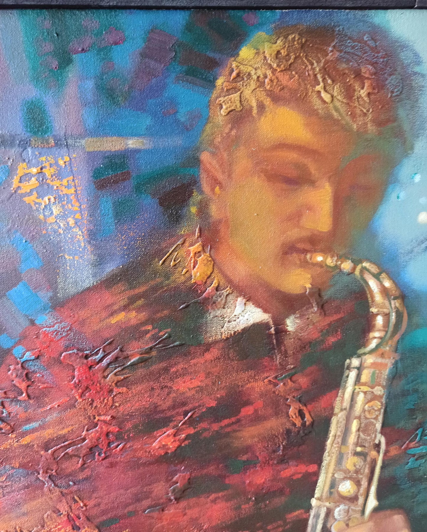 Abstract oil painting Jazzy Twilight by Anatoly Tarabanov: saxophonist in warm tones