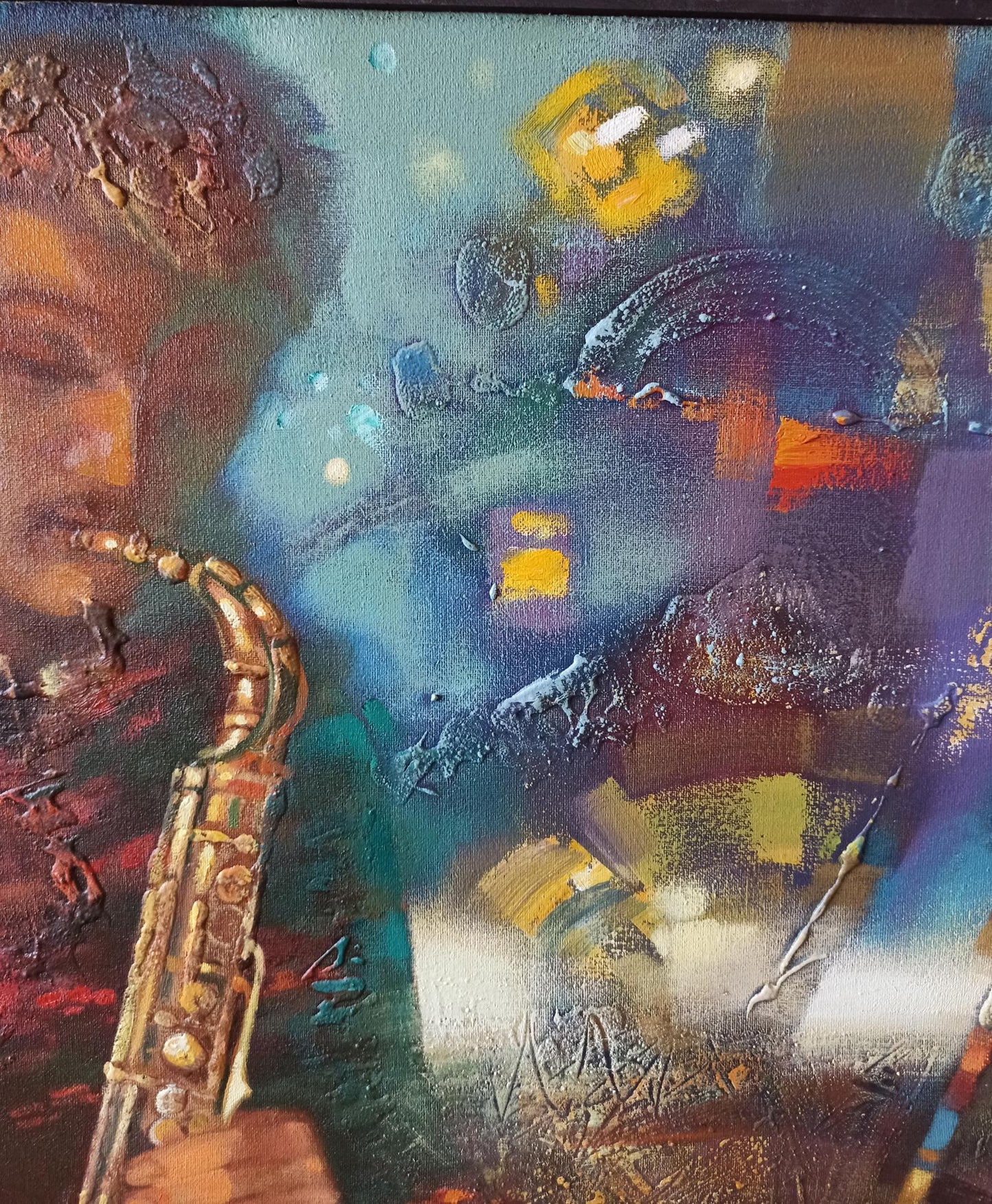 Abstract oil painting Jazzy Twilight by Anatoly Tarabanov golden saxophone
