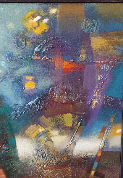 Abstract oil painting Jazzy Twilight by Anatoly Tarabanov in blues and oranges