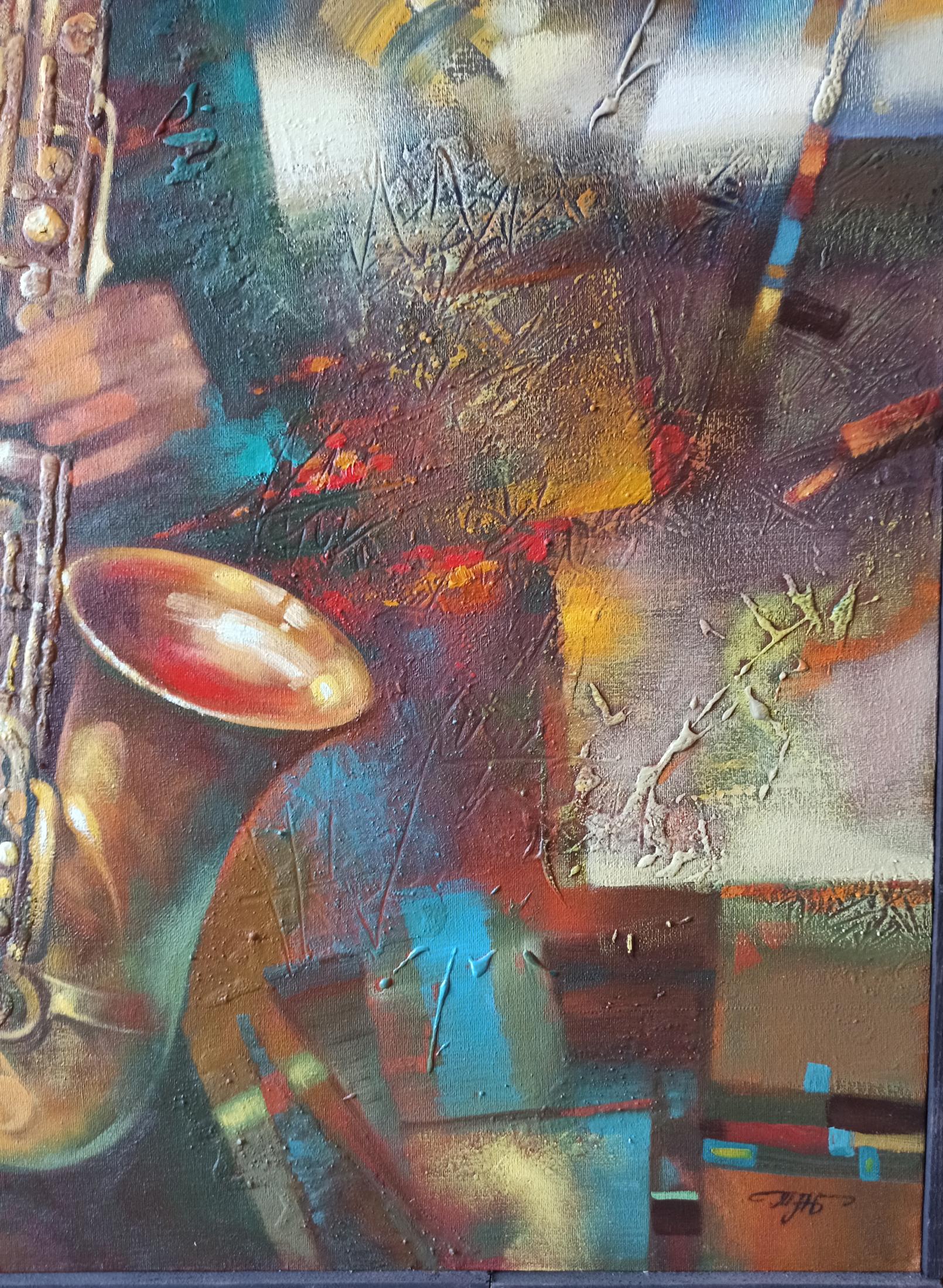 Abstract oil painting Jazzy Twilight by Anatoly Tarabanov, golden saxophone