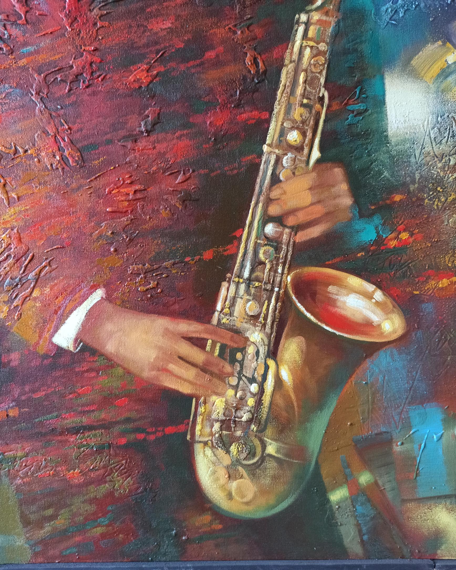 Abstract oil painting Jazzy Twilight by Anatoly Tarabanov: golden saxophone
