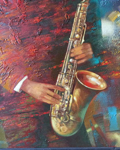 Abstract oil painting Jazzy Twilight by Anatoly Tarabanov: golden saxophone