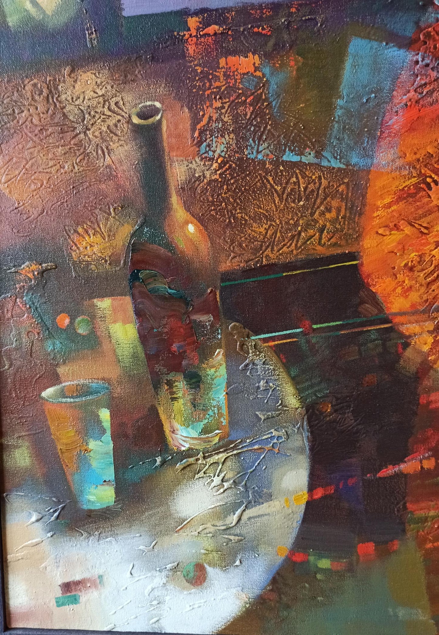 Tall dark green wine bottle on textured table in Jazzy Twilight painting by Anatoly Tarabanov