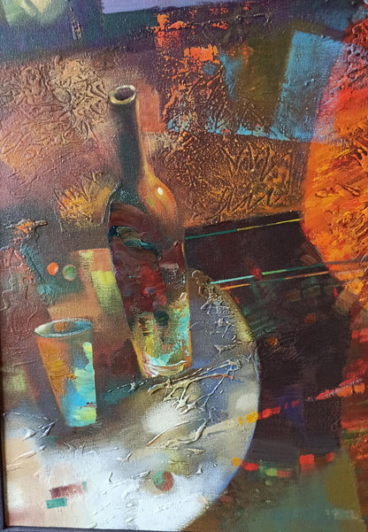 Tall dark green wine bottle on textured table in Jazzy Twilight painting by Anatoly Tarabanov
