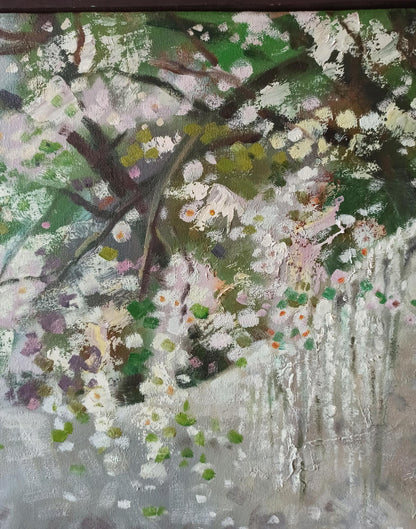 Abstract oil painting Together Through Spring by Anatoly Borisovich Tarabanov, blossoming tree
