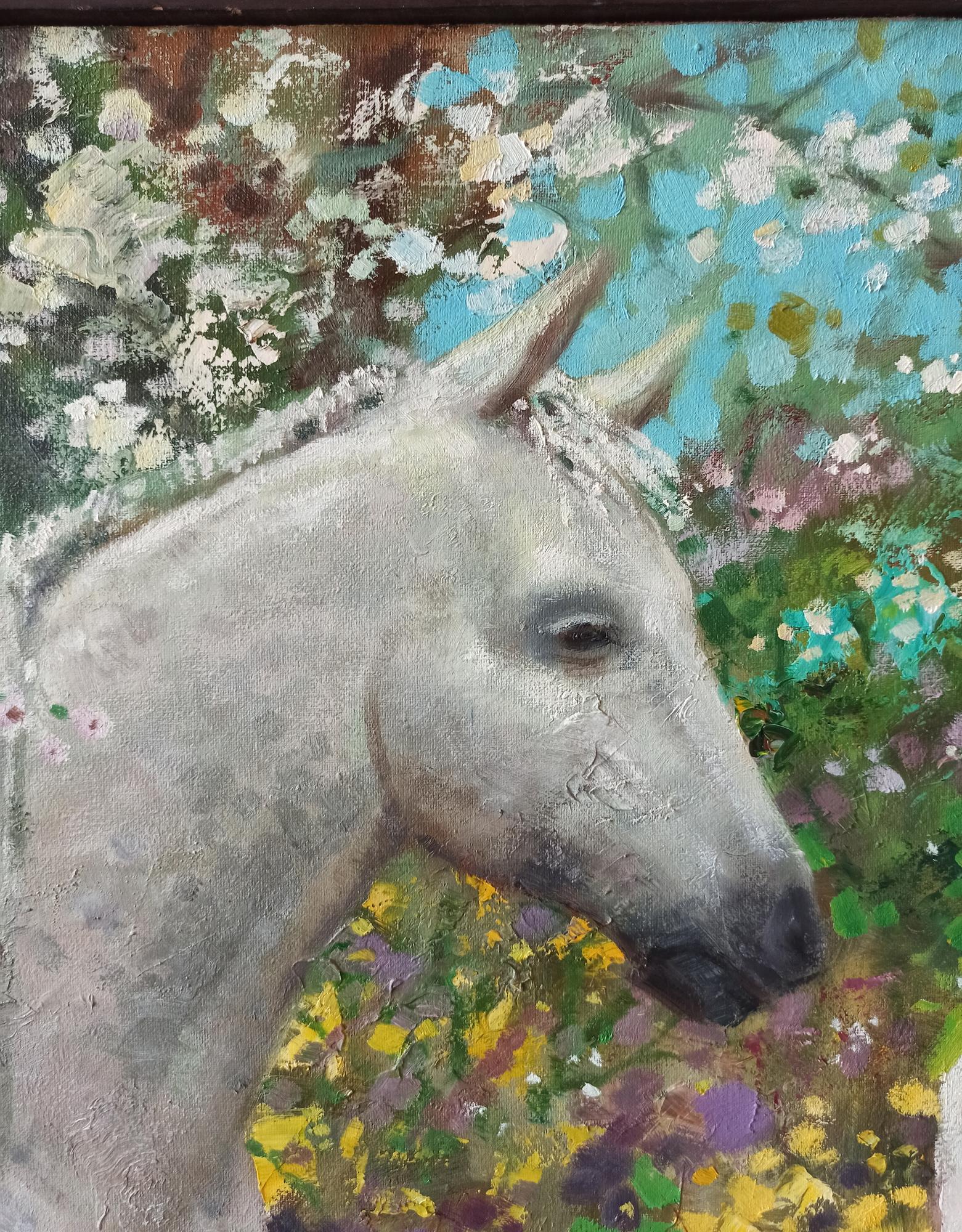 Abstract oil painting Together Through Spring by Anatoly Borisovich Tarabanov: white horse with expressive eyes amid vibrant blooming flowers