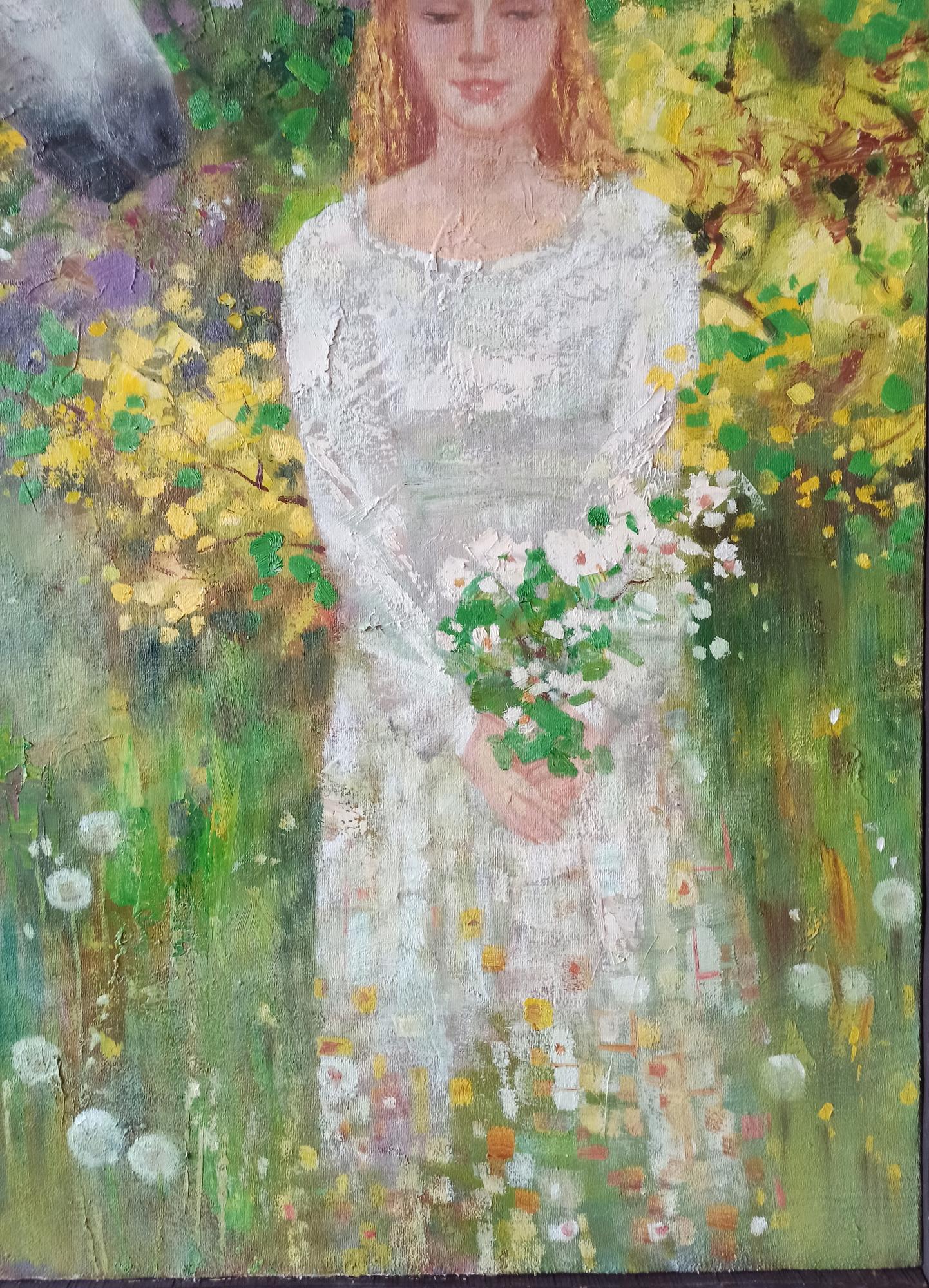 Abstract oil painting Together Through Spring by Anatoly Borisovich Tarabanov: woman in white lace dress amid greenery and yellow blossoms
