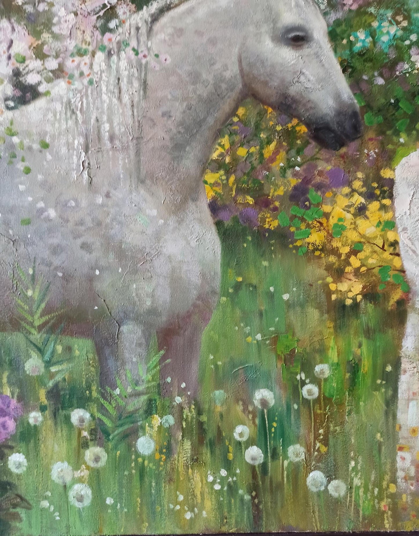 Serene white horse in wildflowers, Together Through Spring by Tarabanov