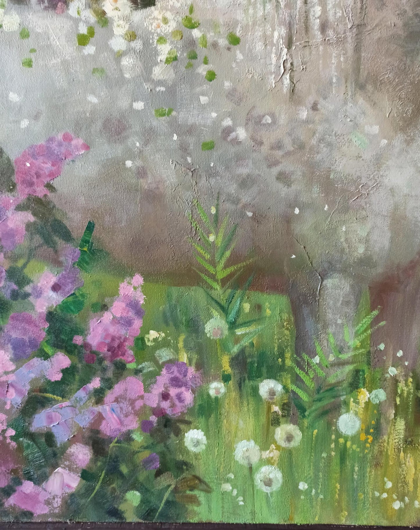 Abstract oil painting Together Through Spring by Anatoly Borisovich Tarabanov: pink and purple flowers blooming amidst green grass with white dandelions