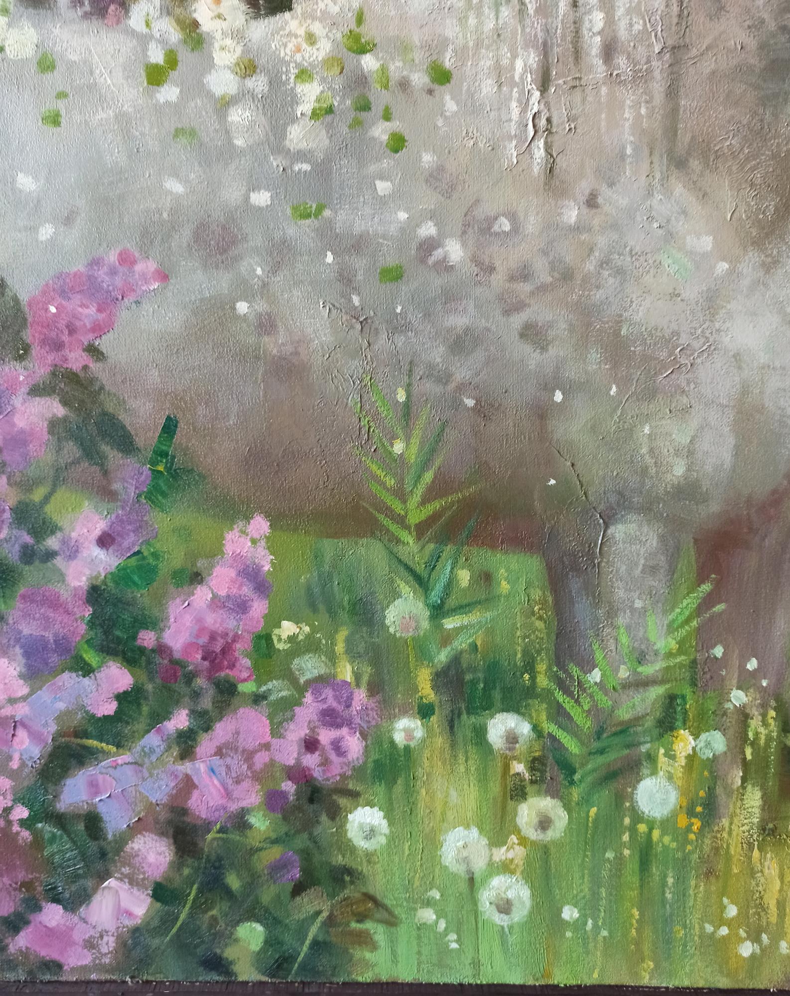 Abstract oil painting Together Through Spring by Anatoly Borisovich Tarabanov: pink and purple flowers blooming amidst green grass with white dandelions
