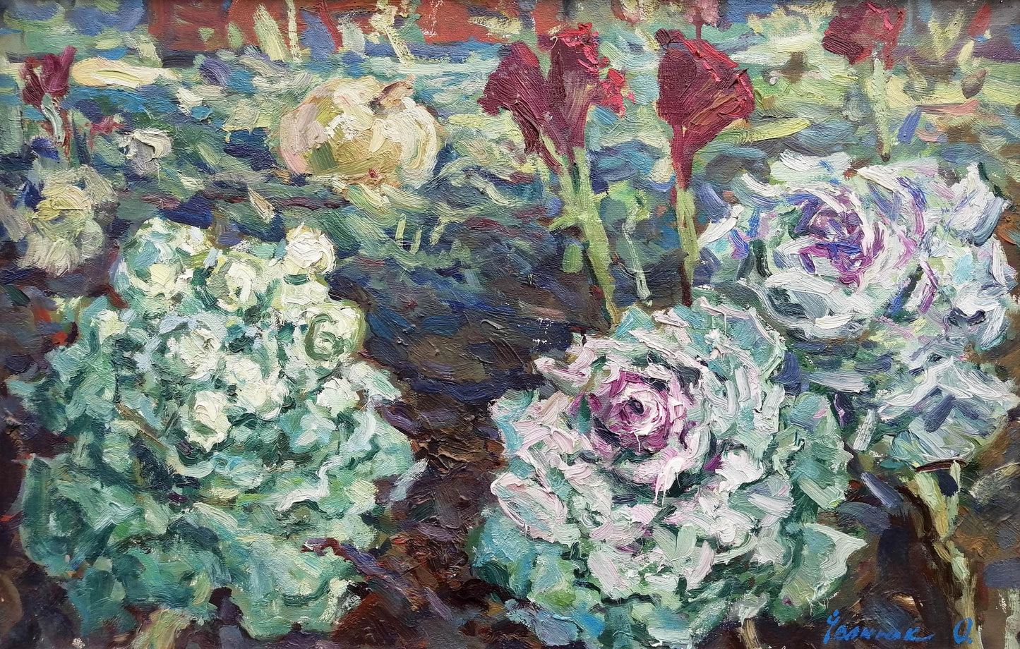 Vibrant impressionistic oil painting of ornamental cabbage by Ivanyuk Alex