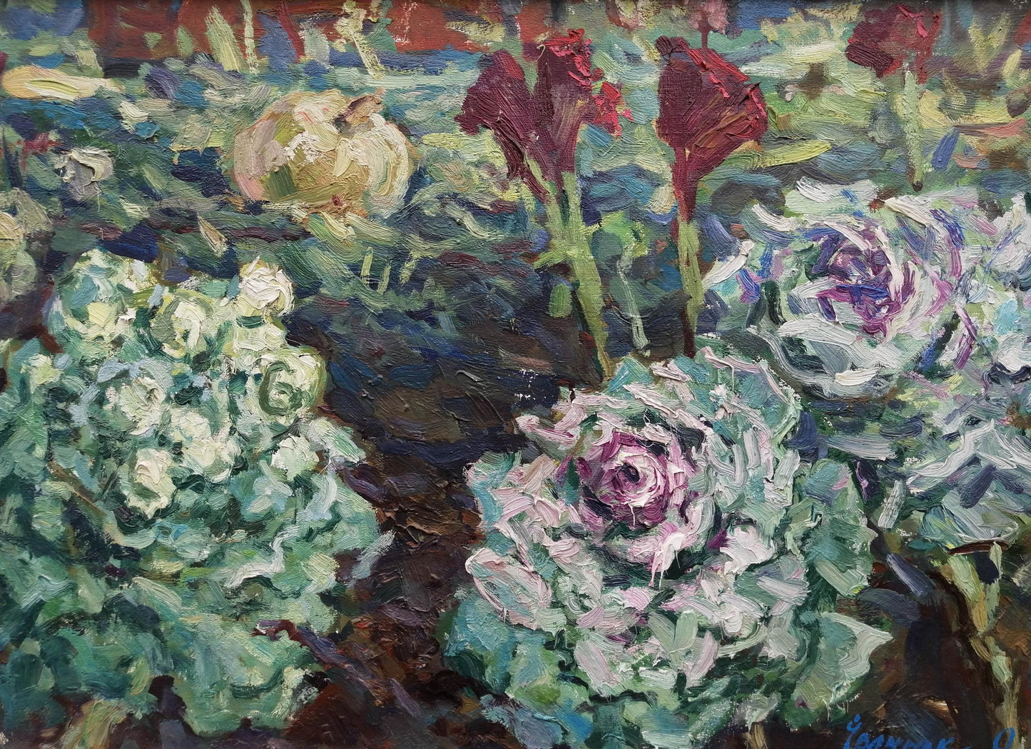 Vibrant impressionist oil painting of lush cabbage roses by Ivanyuk Alex