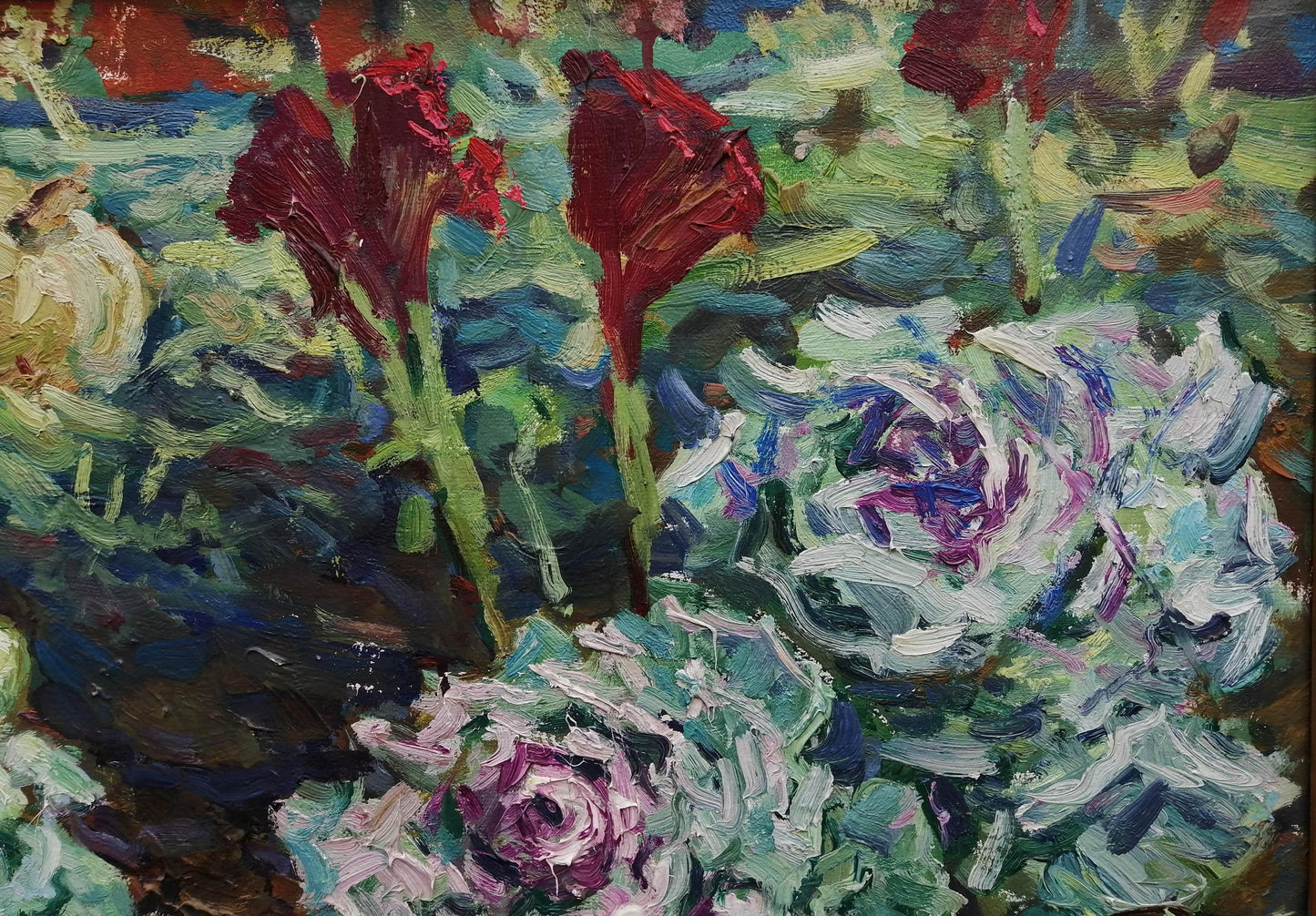 Oil painting Cabbage in the garden by Ivanyuk Alex with vibrant red purple flowers
