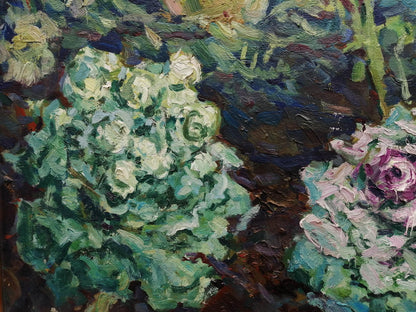 Oil painting of cabbage in garden with lush green foliage and pink white blossoms by Ivanyuk Alex