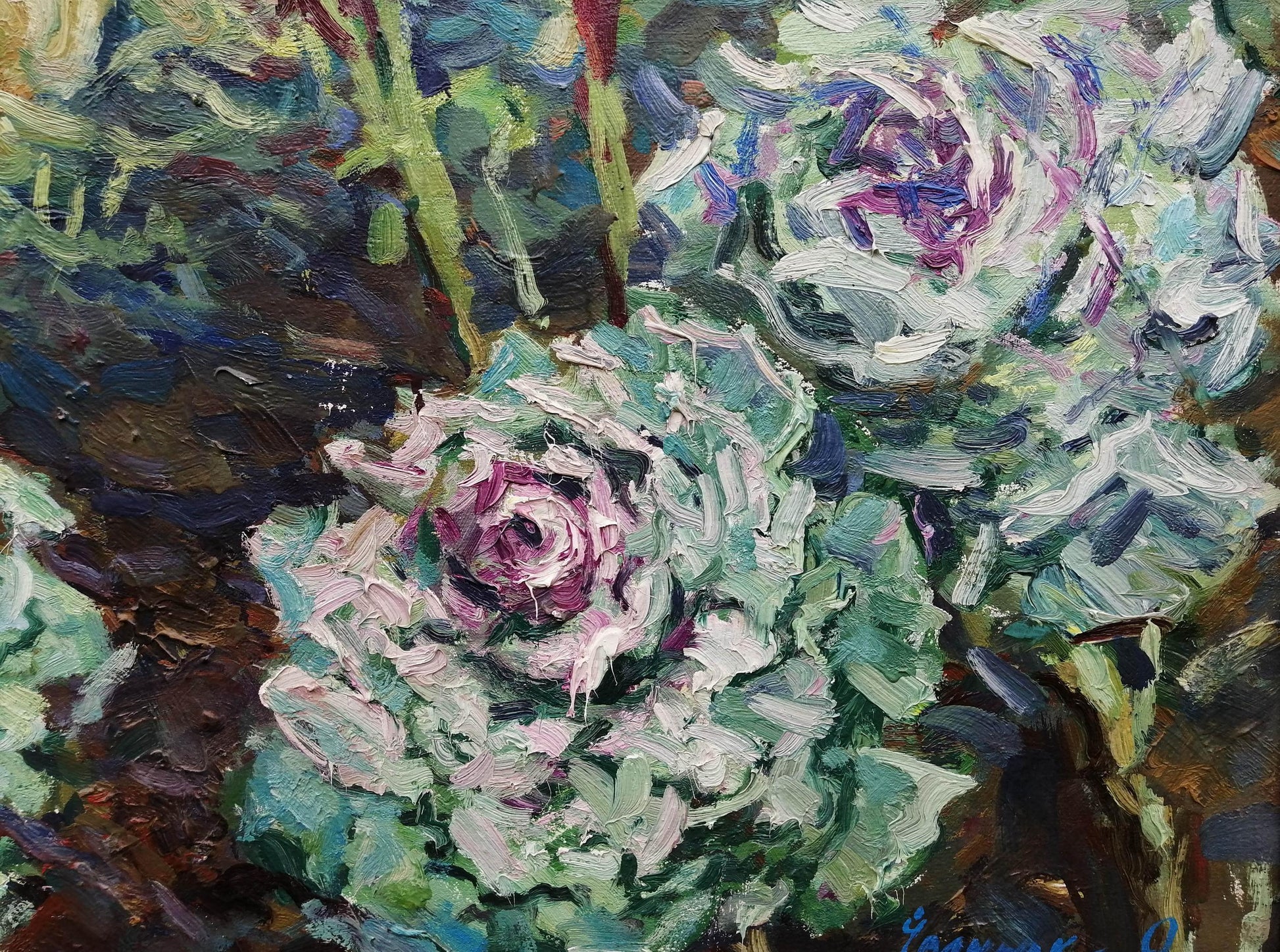 Vibrant impressionist oil painting of white purple cabbage by Ivanyuk Alex