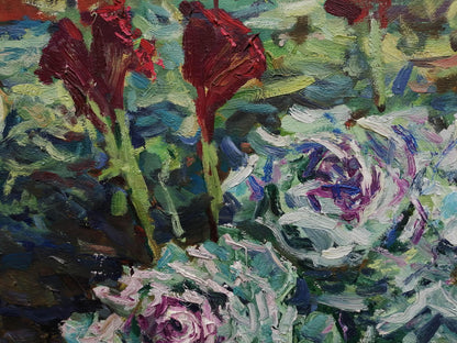 Oil painting Cabbage in the Garden by Ivanyuk Alex with vibrant red purple flowers