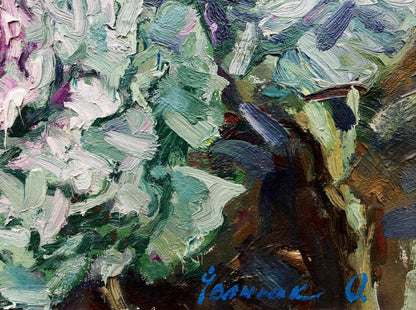 Vibrant impressionist oil painting of cabbage tree in garden by Ivanyuk Alex