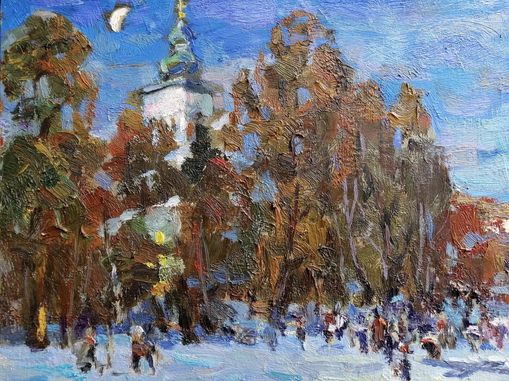 Oil Painting Village landscape Art Temple Orthodox Church